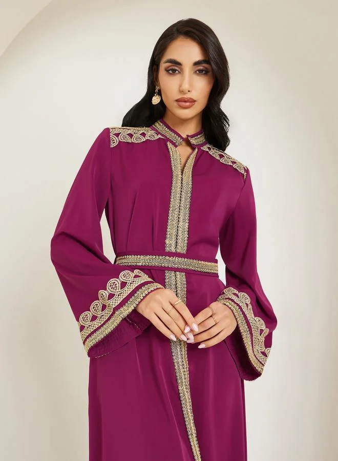 Amirah Women Magenta Gold Embroidery Kaftan